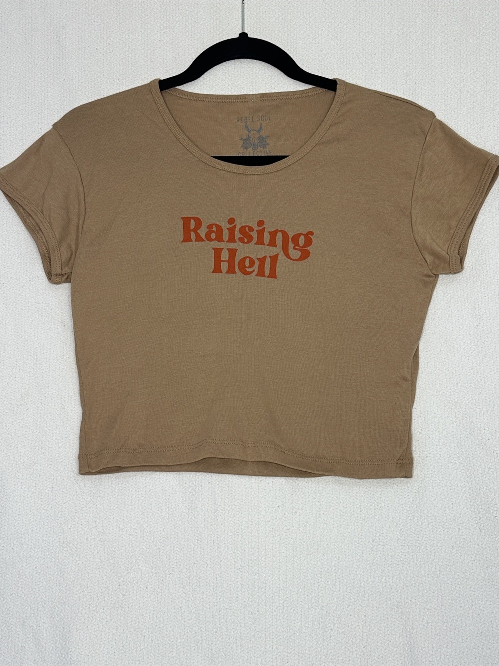 Cropped Tan Graphic Tee with Rust 'Raising Hell' Print